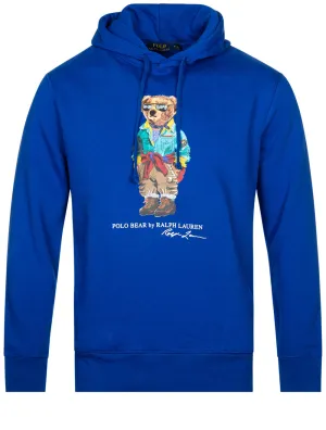 Graphik-Fleece-Pullover mit Kapuze in Blau