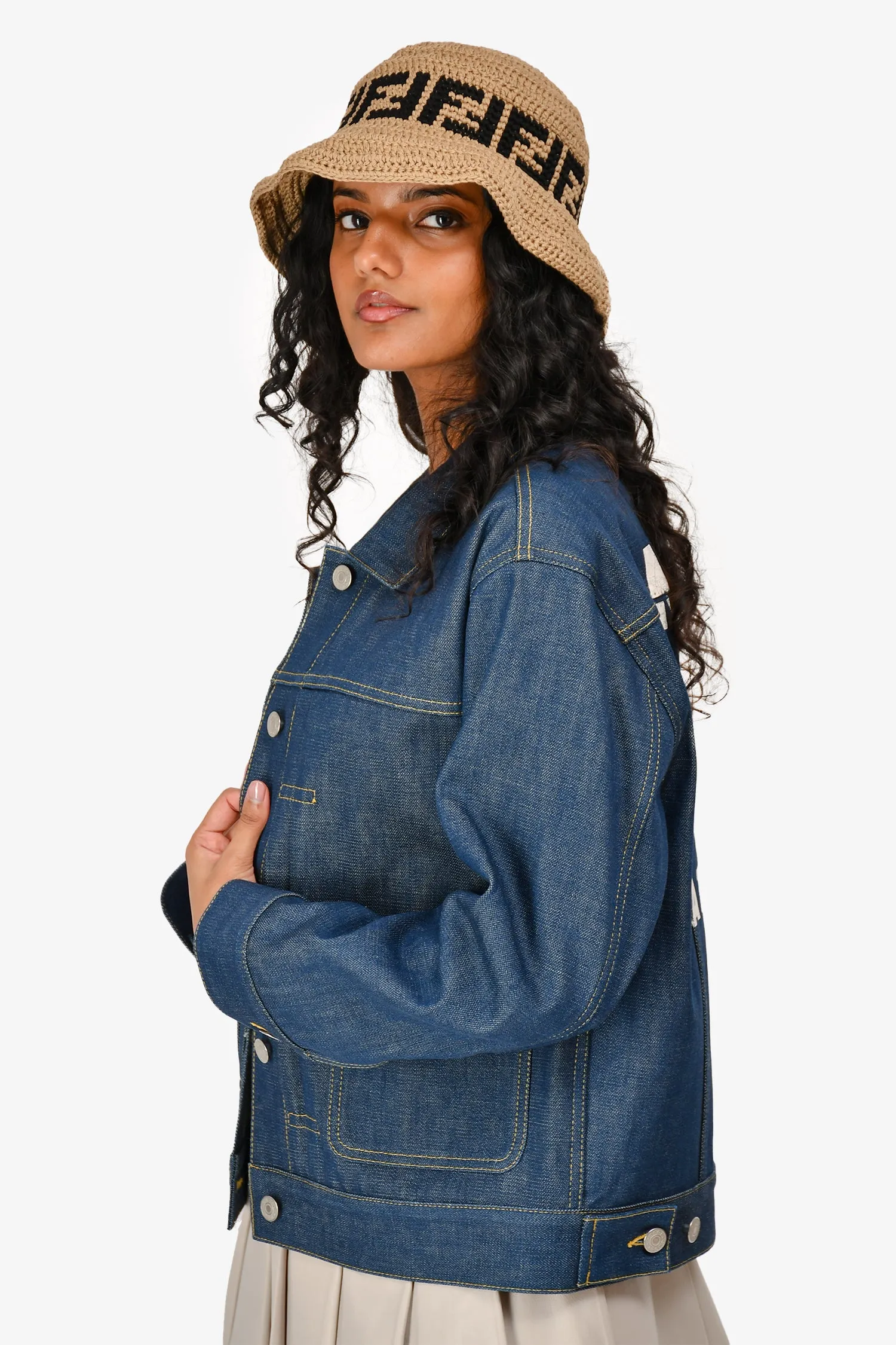 Gucci Dunkelblaue Denim-Jacke mit Web Horsebit-Tasche Größe 38