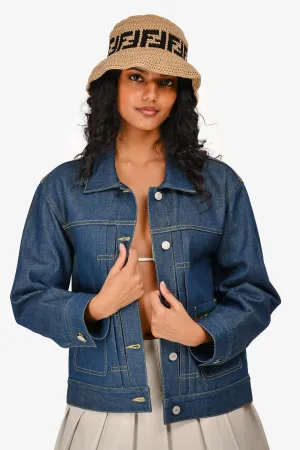 Gucci Dunkelblaue Denim-Jacke mit Web Horsebit-Tasche Größe 38