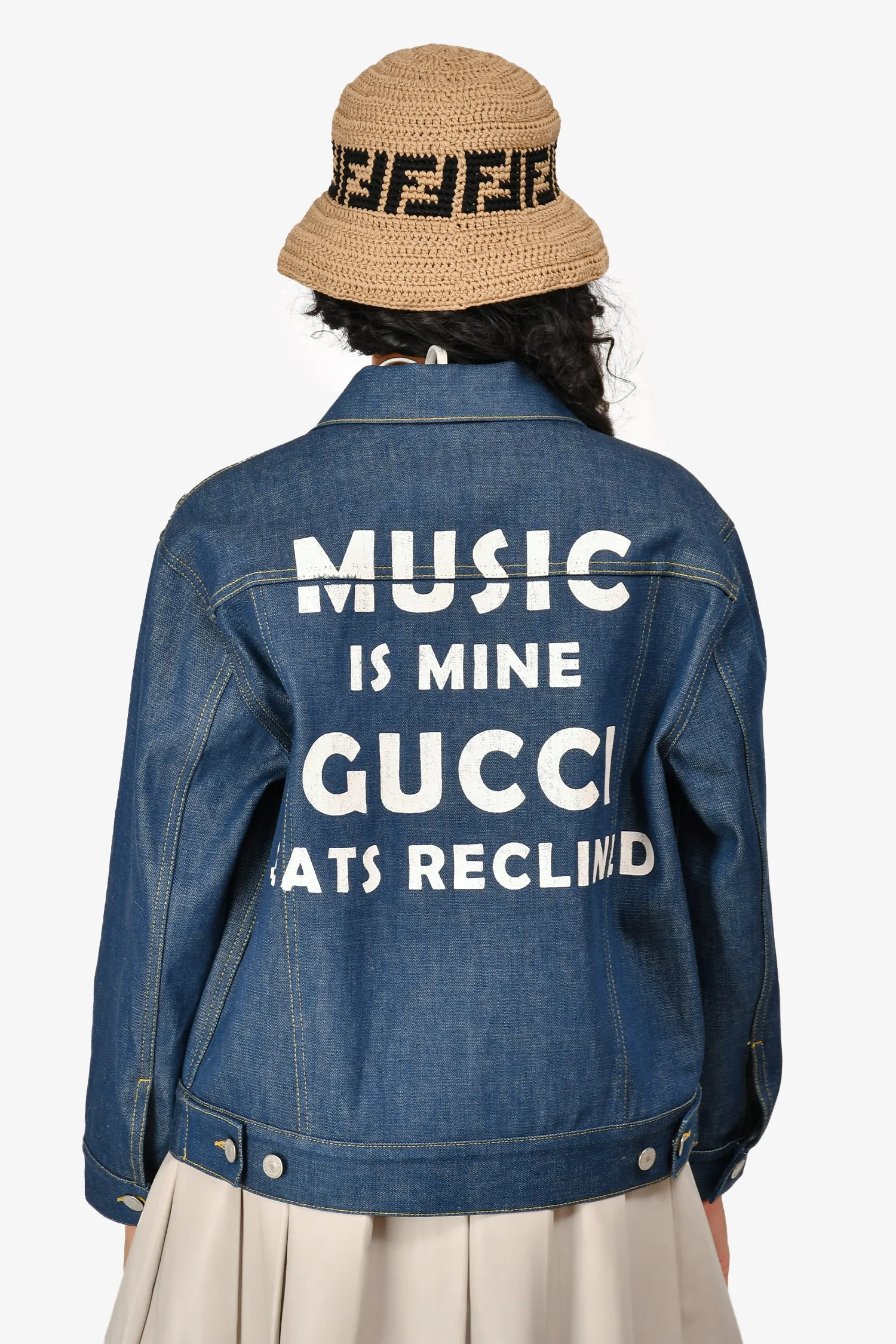 Gucci Dunkelblaue Denim-Jacke mit Web Horsebit-Tasche Größe 38