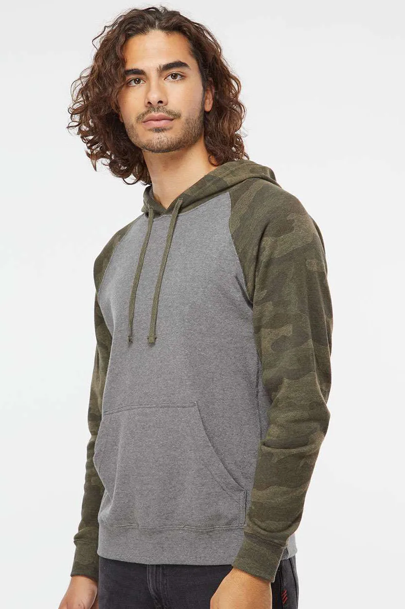 Independent Trading Company Herren Special Blend Raglan Kapuzenpullover Hoodie mit Beuteltasche - Heather Nickel Grau/Waldgrün Camo