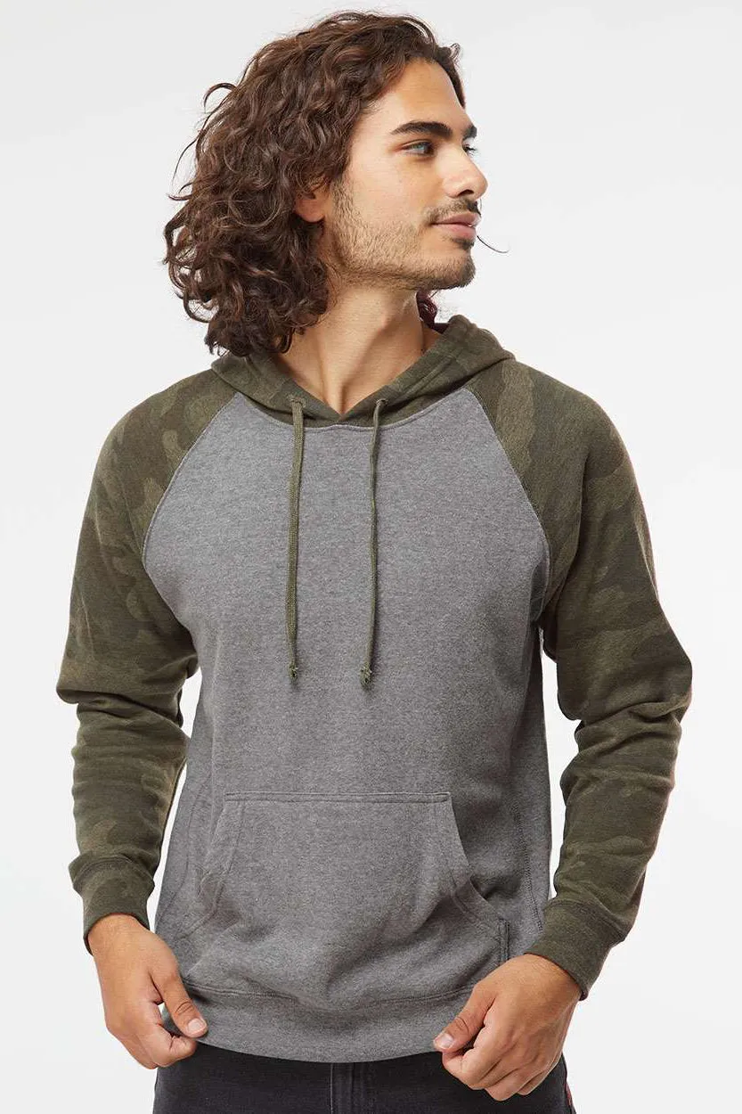 Independent Trading Company Herren Special Blend Raglan Kapuzenpullover Hoodie mit Beuteltasche - Heather Nickel Grau/Waldgrün Camo