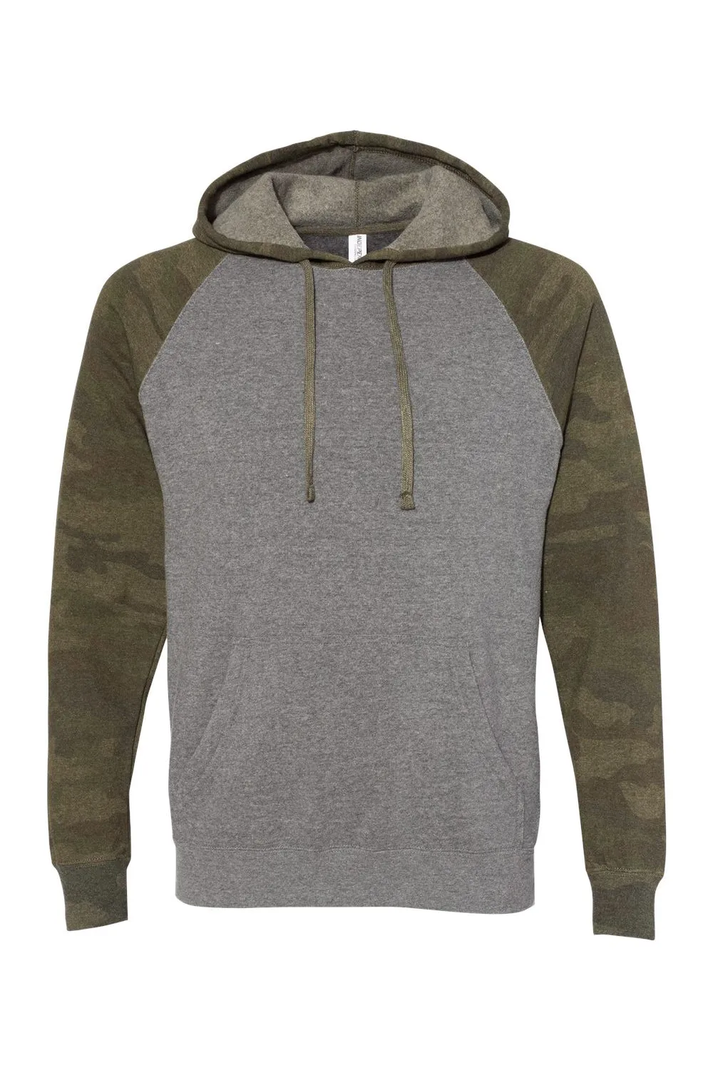 Independent Trading Company Herren Special Blend Raglan Kapuzenpullover Hoodie mit Beuteltasche - Heather Nickel Grau/Waldgrün Camo