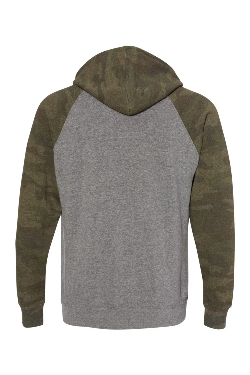 Independent Trading Company Herren Special Blend Raglan Kapuzenpullover Hoodie mit Beuteltasche - Heather Nickel Grau/Waldgrün Camo