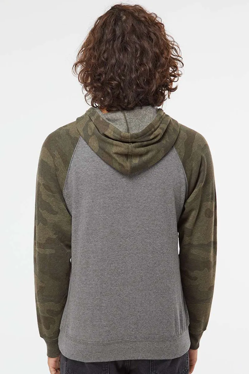 Independent Trading Company Herren Special Blend Raglan Kapuzenpullover Hoodie mit Beuteltasche - Heather Nickel Grau/Waldgrün Camo