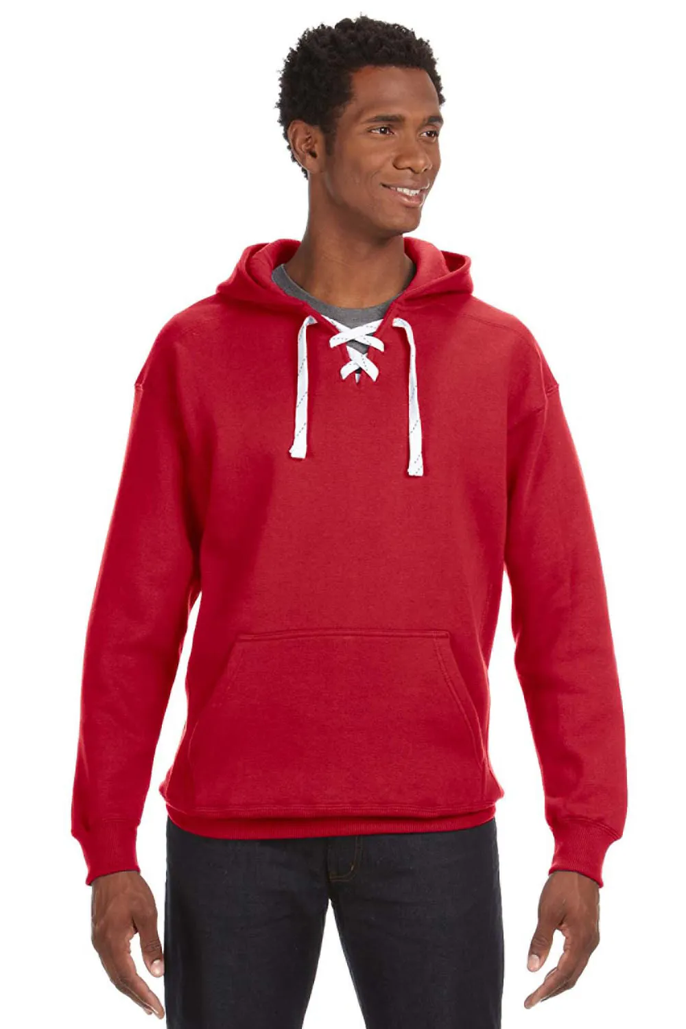 J America Herren Sport Kapuzenpullover mit Schnürung und Kangaroo-Tasche - Rot