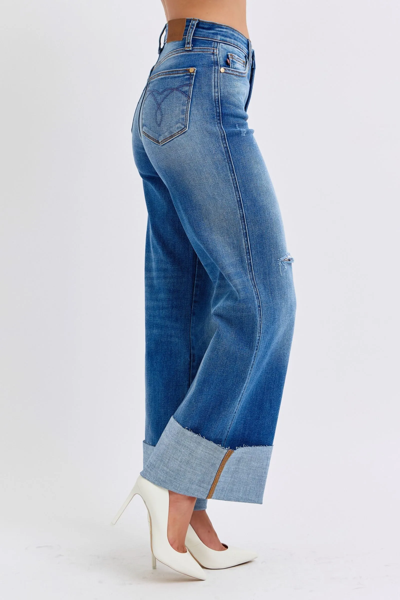 Judy Blue High Waist Jeans mit Used-Look und Weitem Bein in Normalgröße