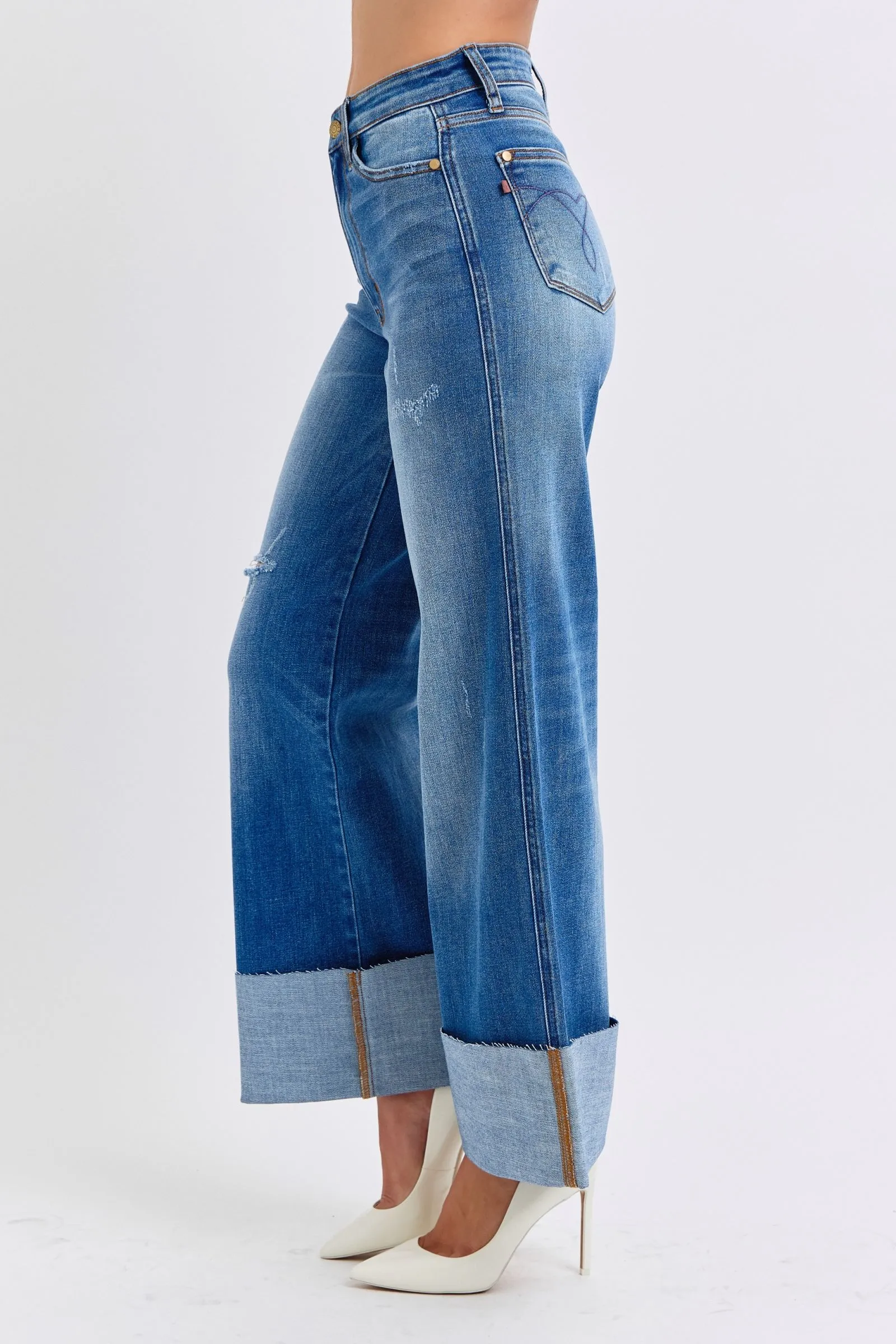 Judy Blue High Waist Jeans mit Used-Look und Weitem Bein in Normalgröße