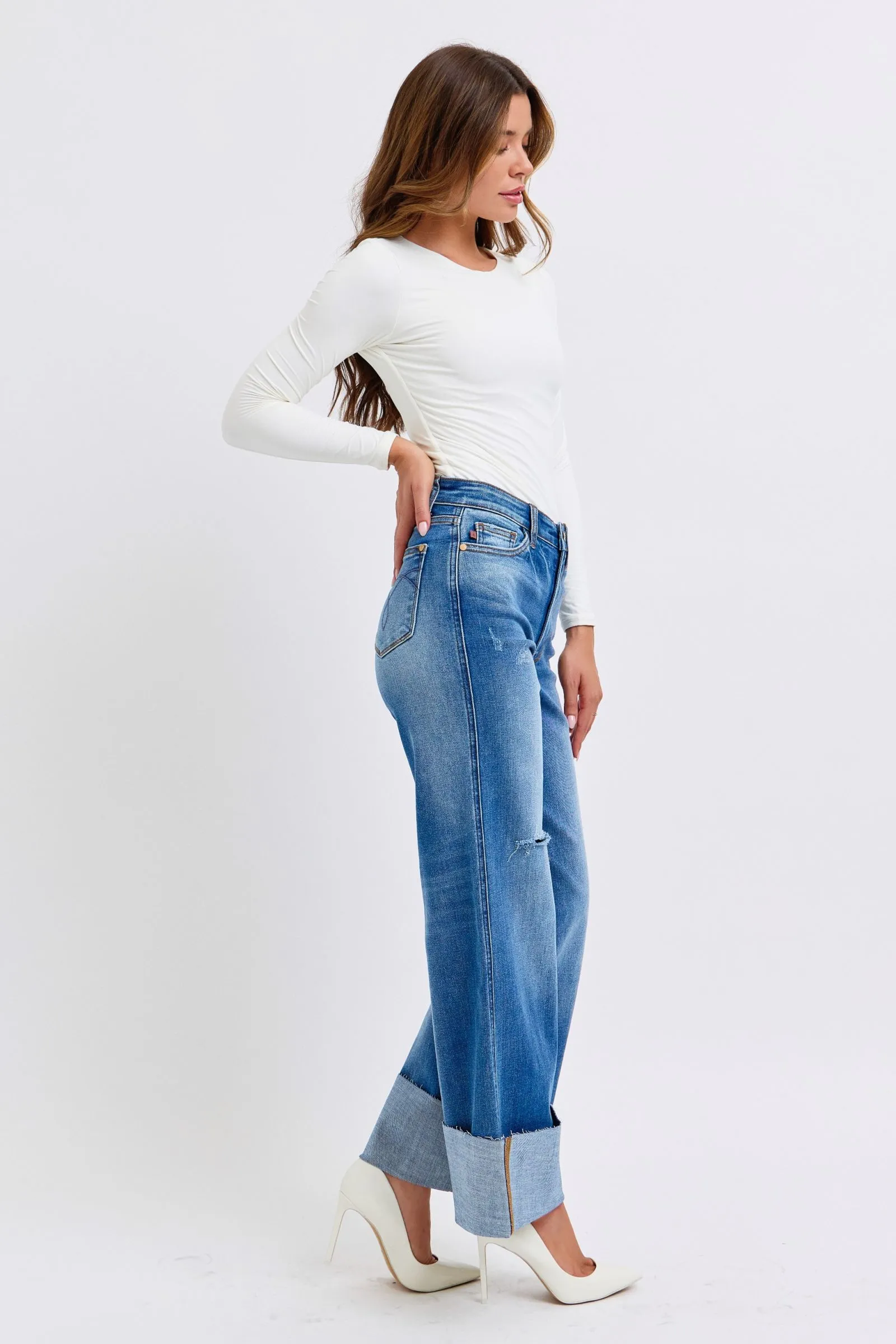 Judy Blue High Waist Jeans mit Used-Look und Weitem Bein in Normalgröße