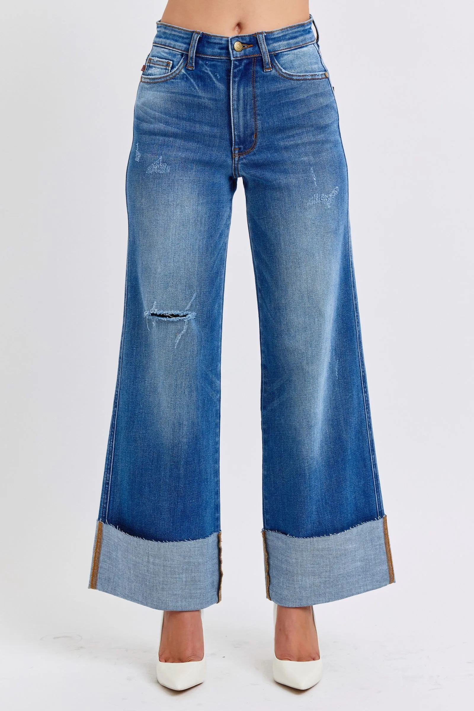 Judy Blue High Waist Jeans mit Used-Look und Weitem Bein in Normalgröße