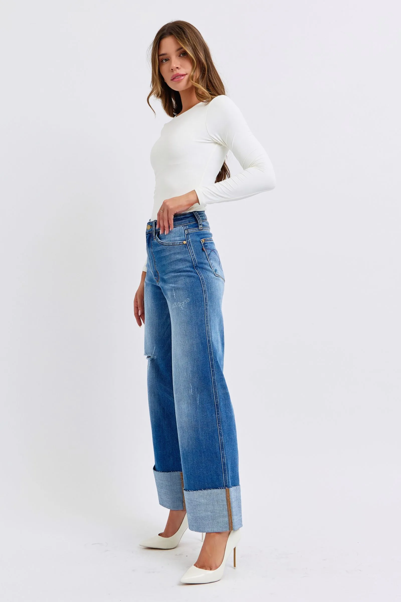 Judy Blue High Waist Jeans mit Used-Look und Weitem Bein in Normalgröße