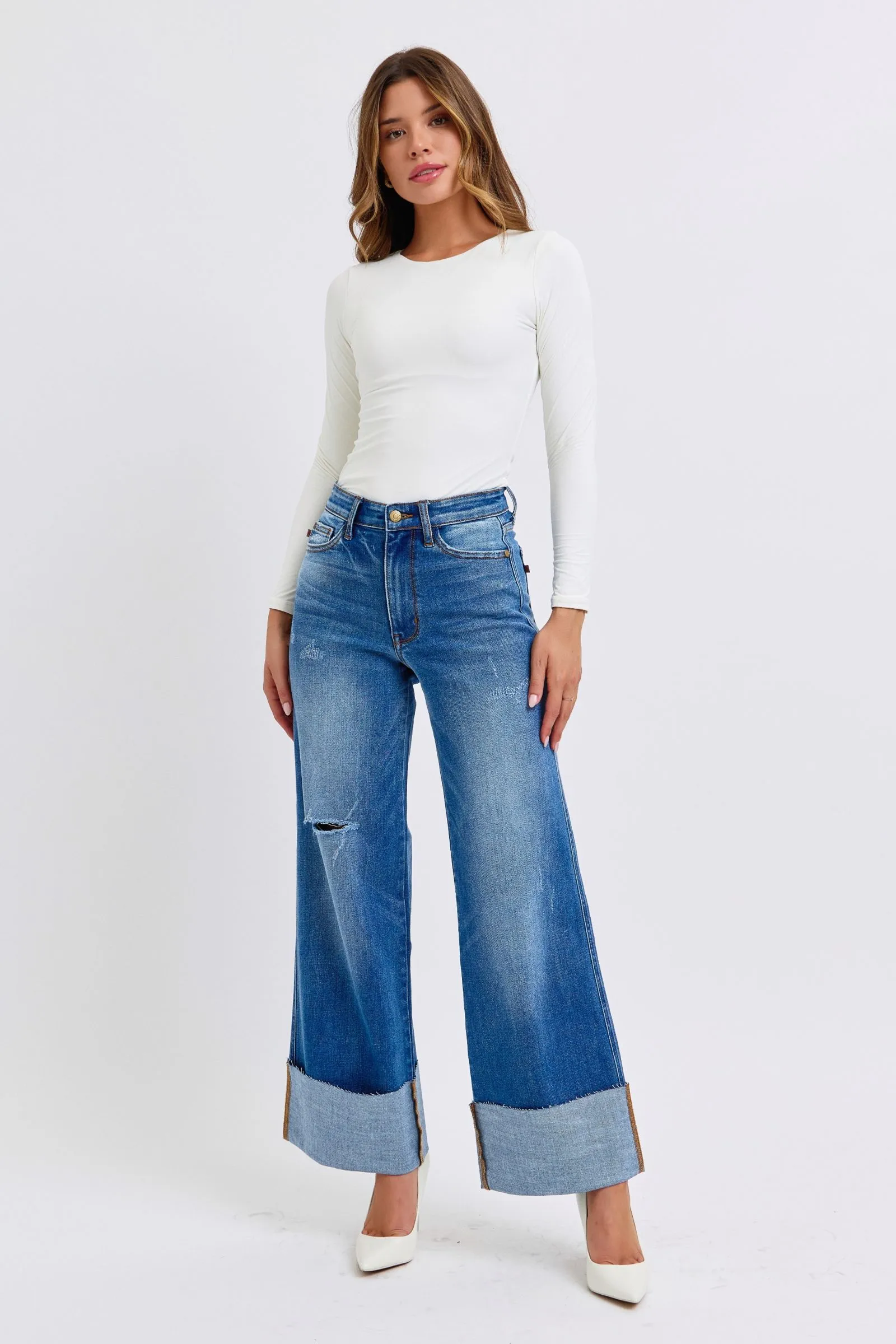Judy Blue High Waist Jeans mit Used-Look und Weitem Bein in Normalgröße