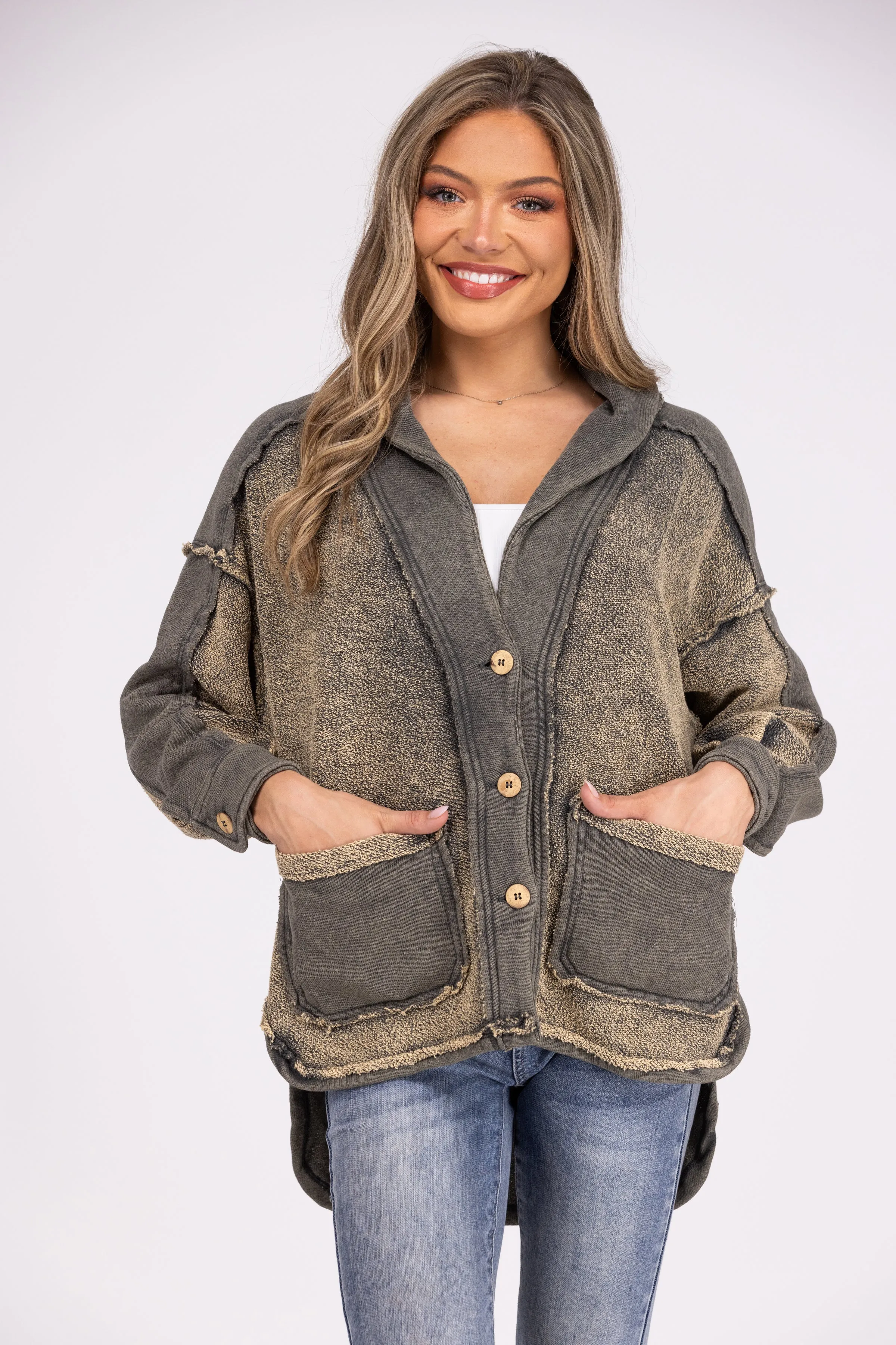 Life Long Fan Damen Mineralgewaschener Knopf-Hi-Lo Shacket *Endverkauf*