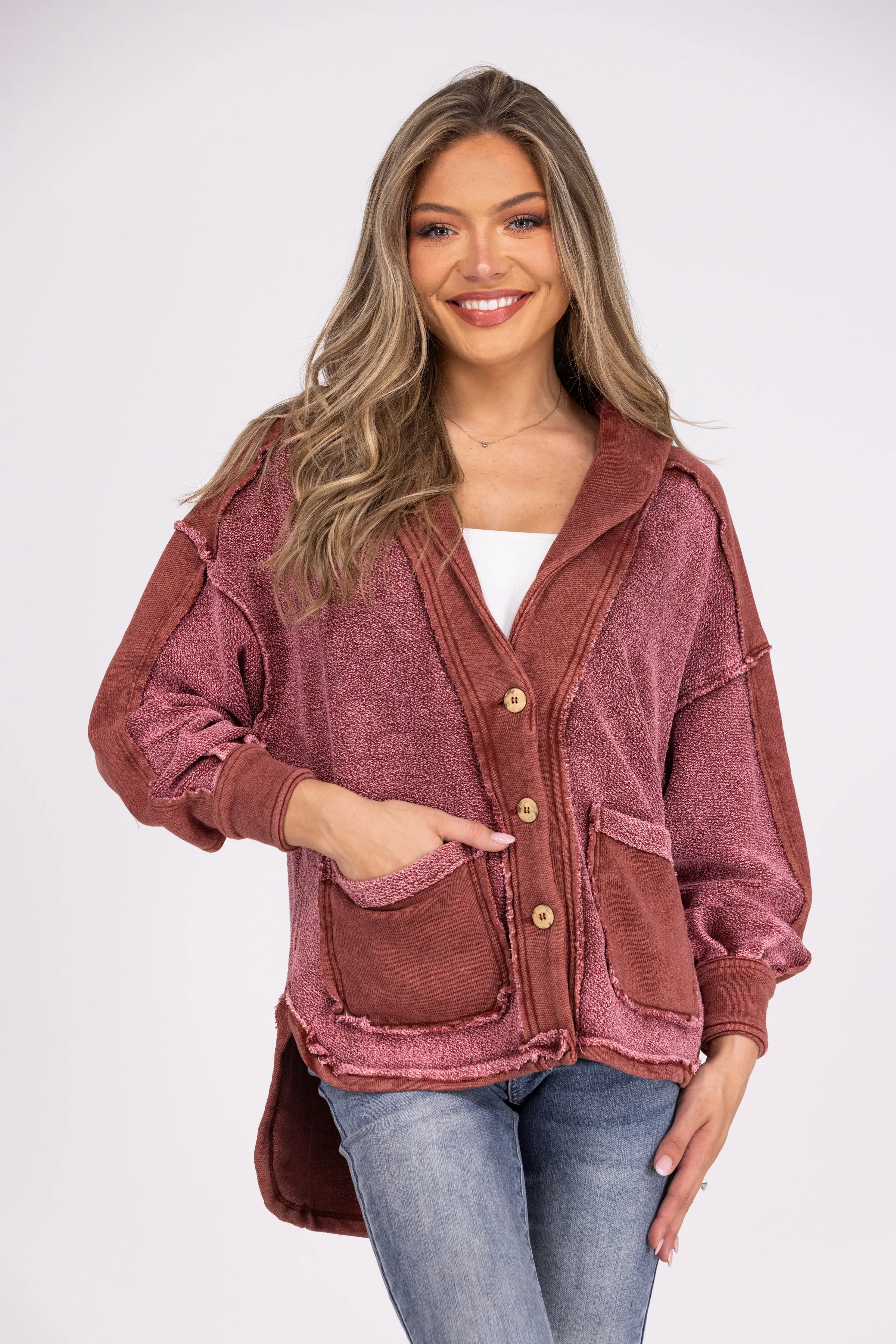 Life Long Fan Damen Mineralgewaschener Knopf-Hi-Lo Shacket *Endverkauf*