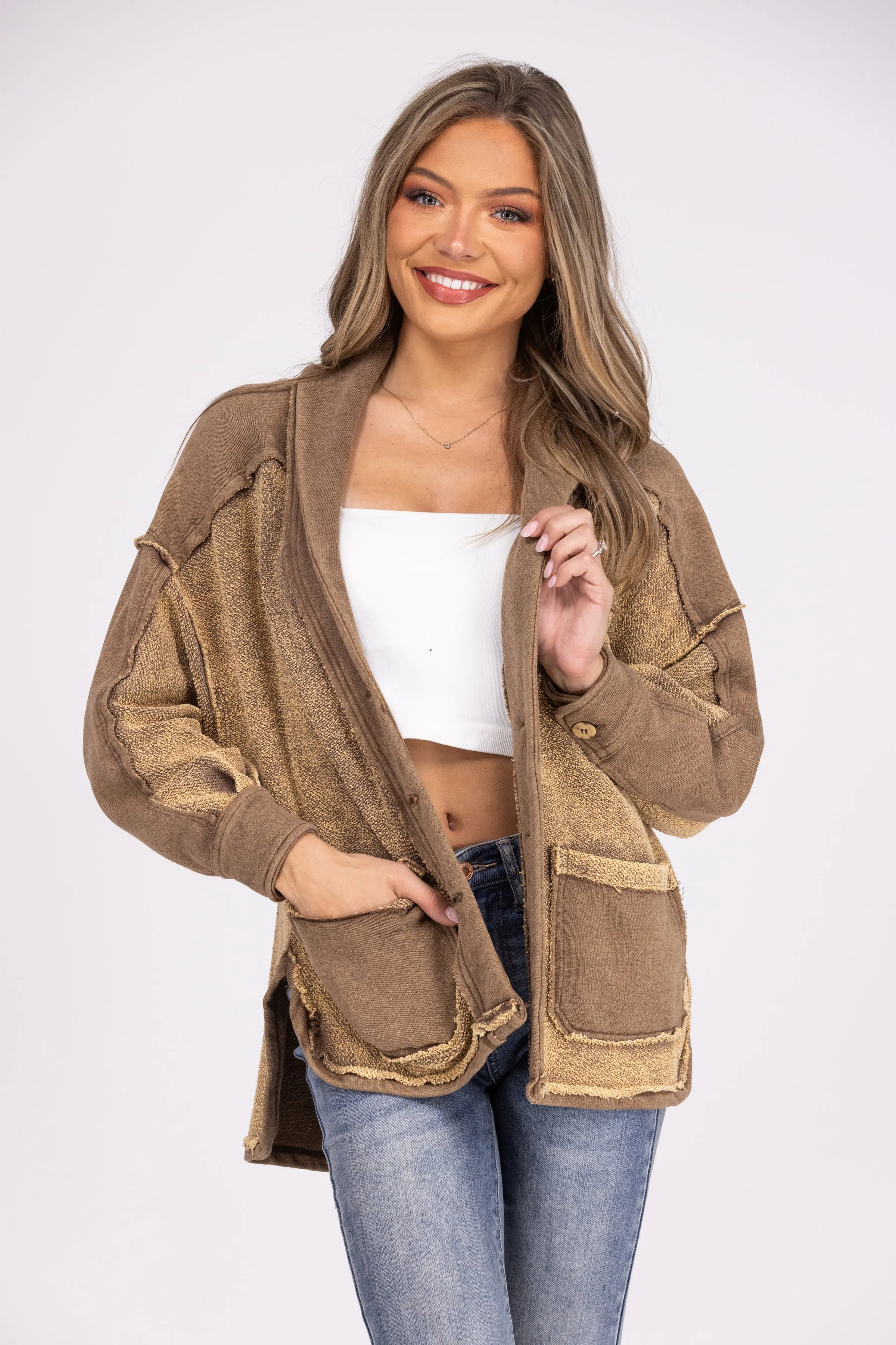Life Long Fan Damen Mineralgewaschener Knopf-Hi-Lo Shacket *Endverkauf*