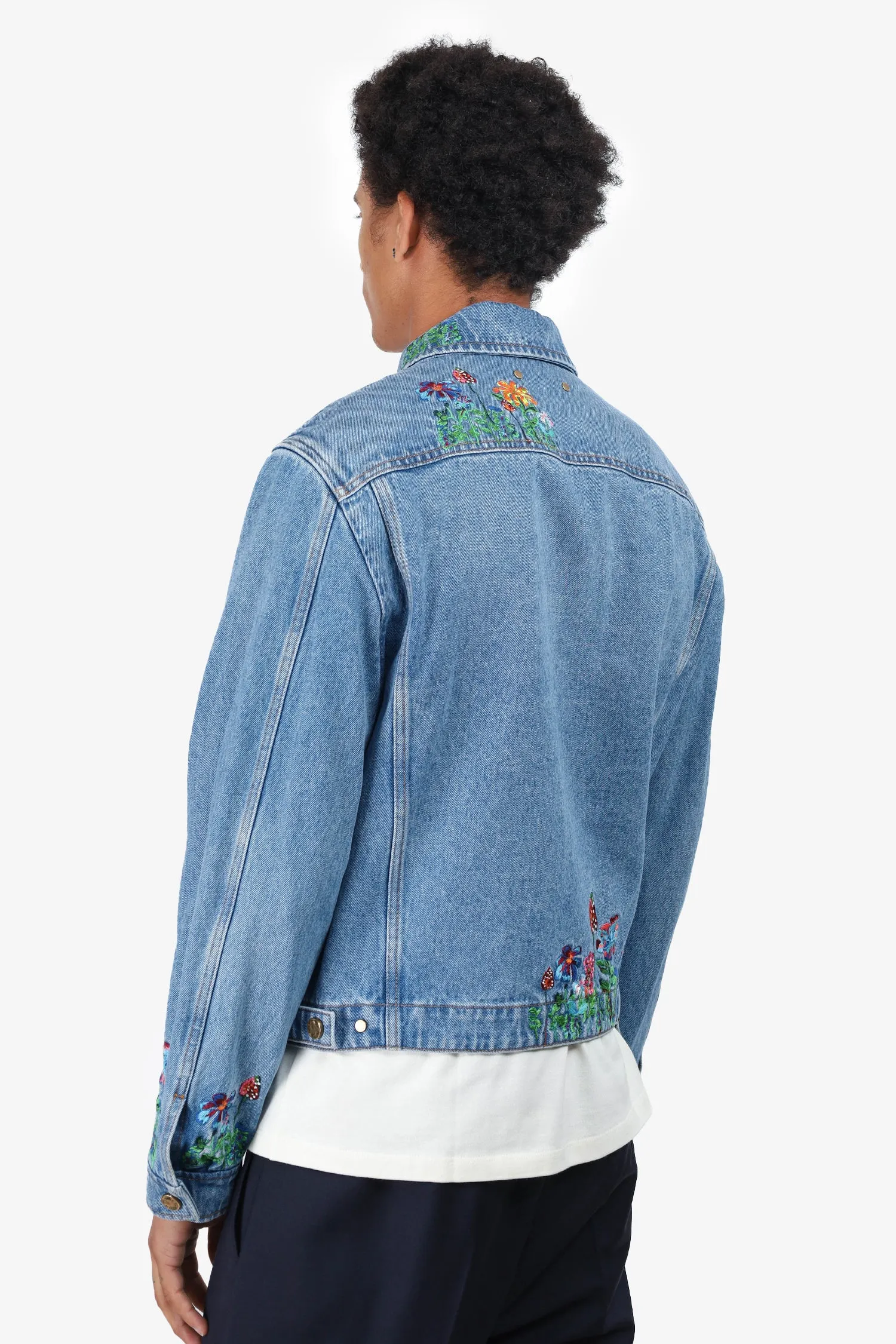 Louis Vuitton Blaue Blumenbestickte Denimjacke Größe 46 Herren
