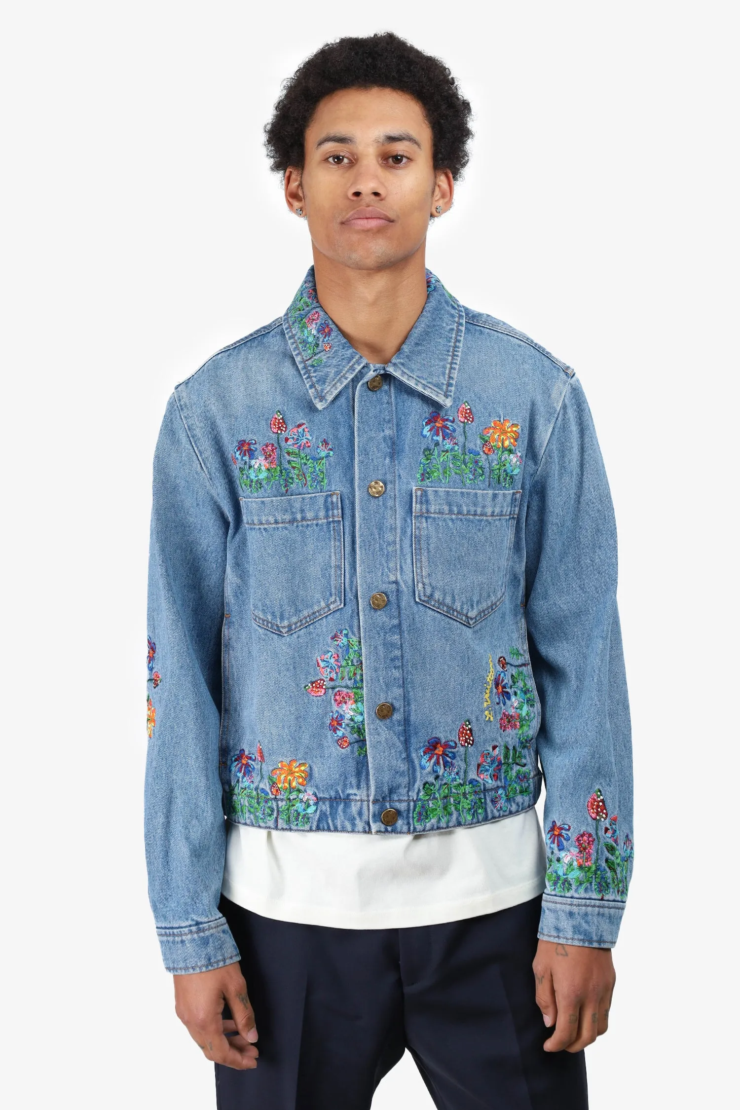 Louis Vuitton Blaue Blumenbestickte Denimjacke Größe 46 Herren