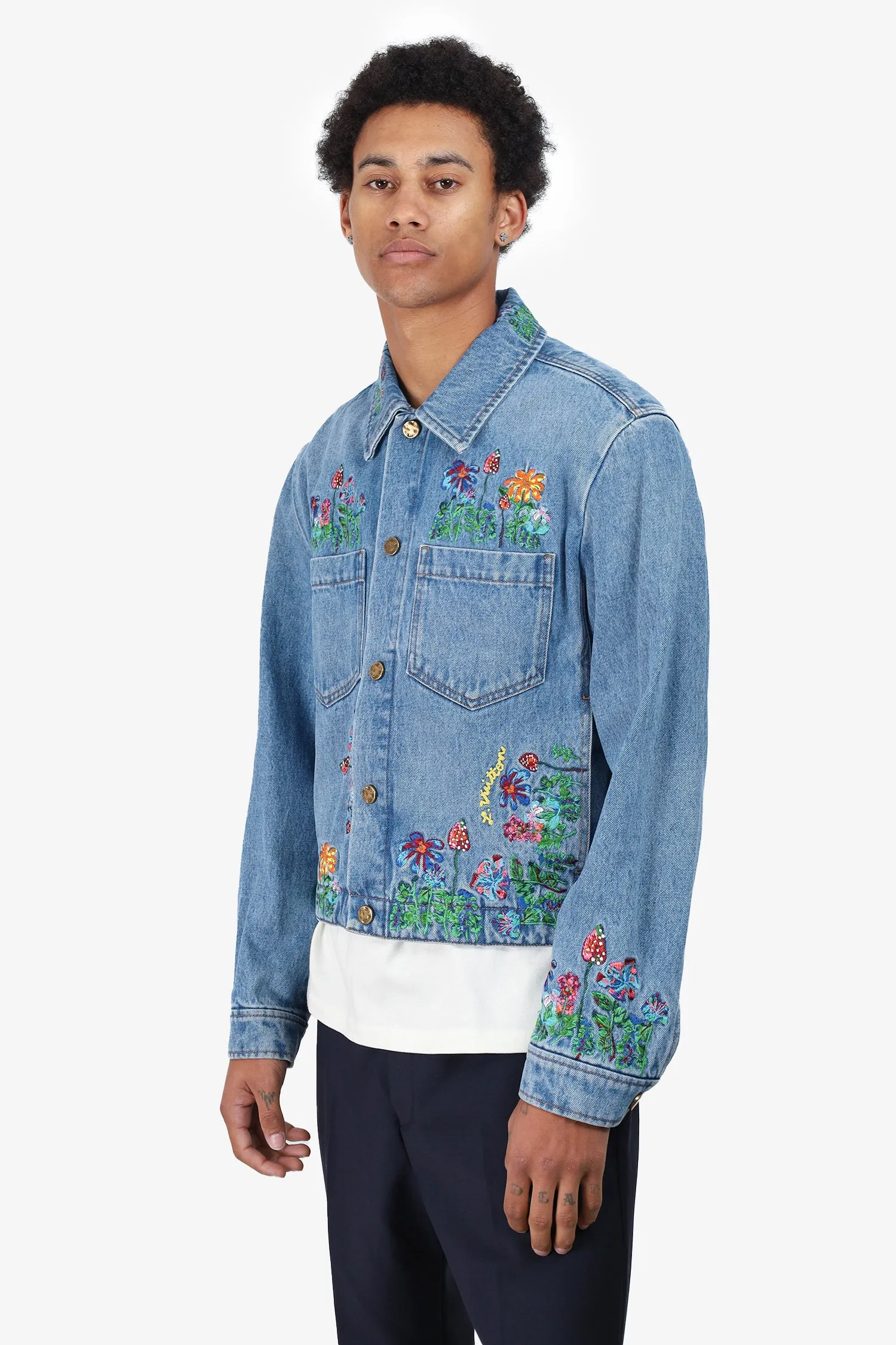 Louis Vuitton Blaue Blumenbestickte Denimjacke Größe 46 Herren