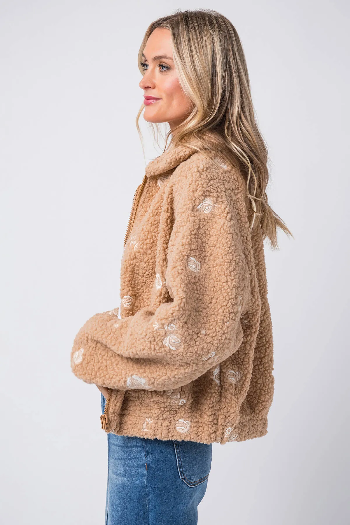 Mable Blumenbestickte Fleece Teddy Jacke