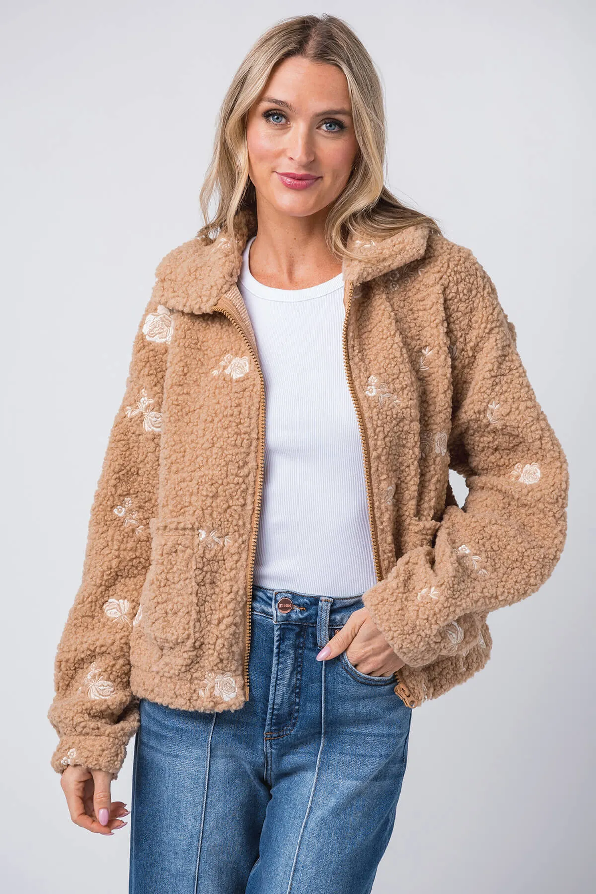 Mable Blumenbestickte Fleece Teddy Jacke