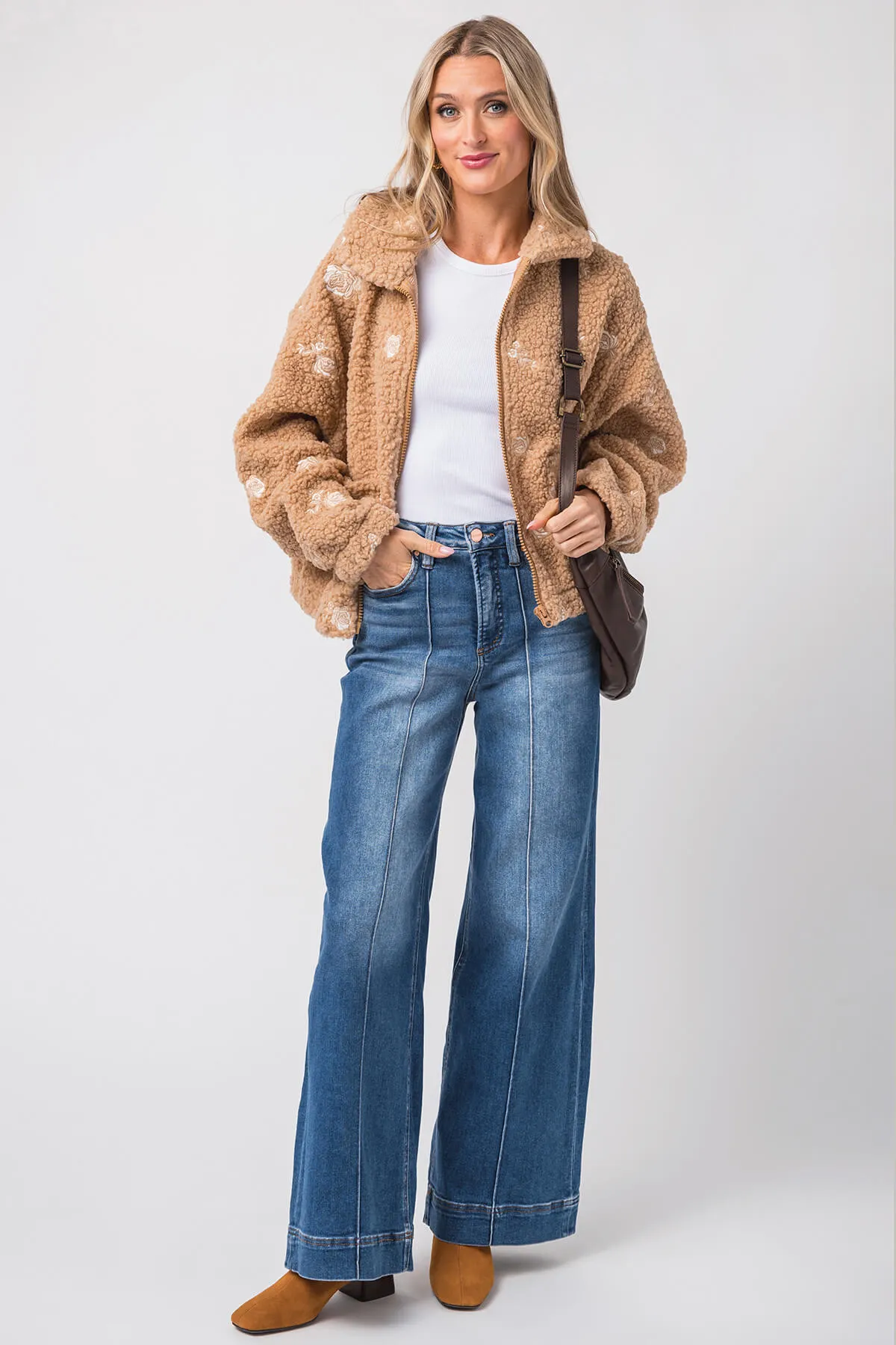 Mable Blumenbestickte Fleece Teddy Jacke