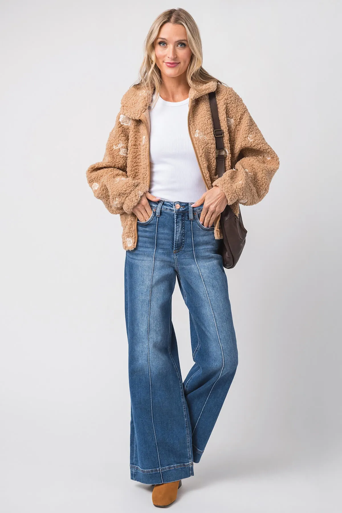 Mable Blumenbestickte Fleece Teddy Jacke