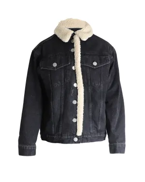 Maje Balta Denimjacke mit Kunstschaffellbesatz in Schwarz aus Baumwolle