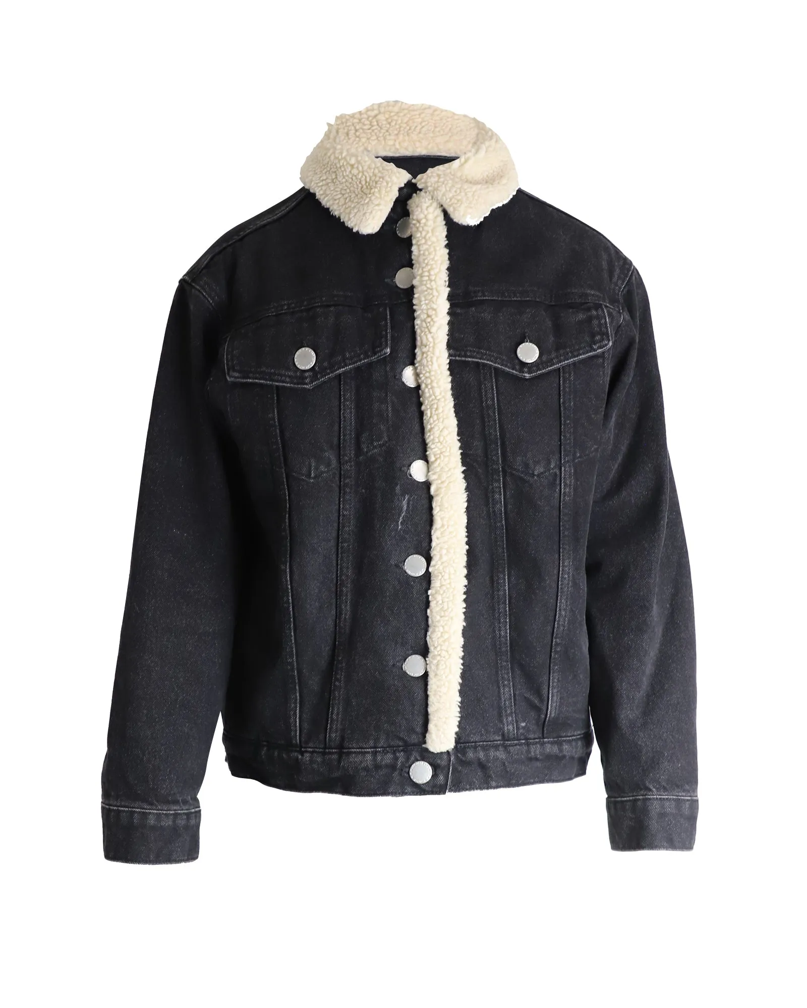 Maje Balta Denimjacke mit Kunstschaffellbesatz in Schwarz aus Baumwolle
