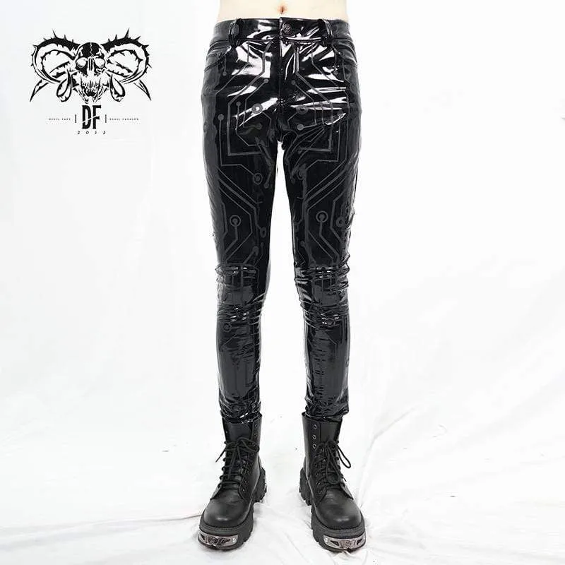 Herren-Gothic-Lines-PU-Skinny-Hose