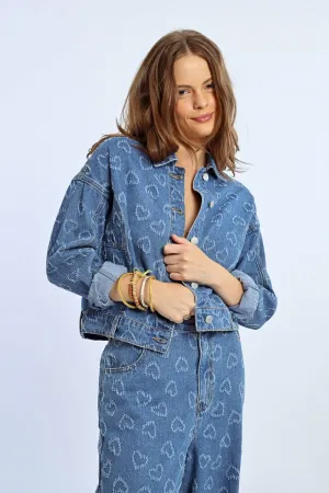 Molly Bracken Glitzerherz-Verzierter Shirt-Style Denim Jacket