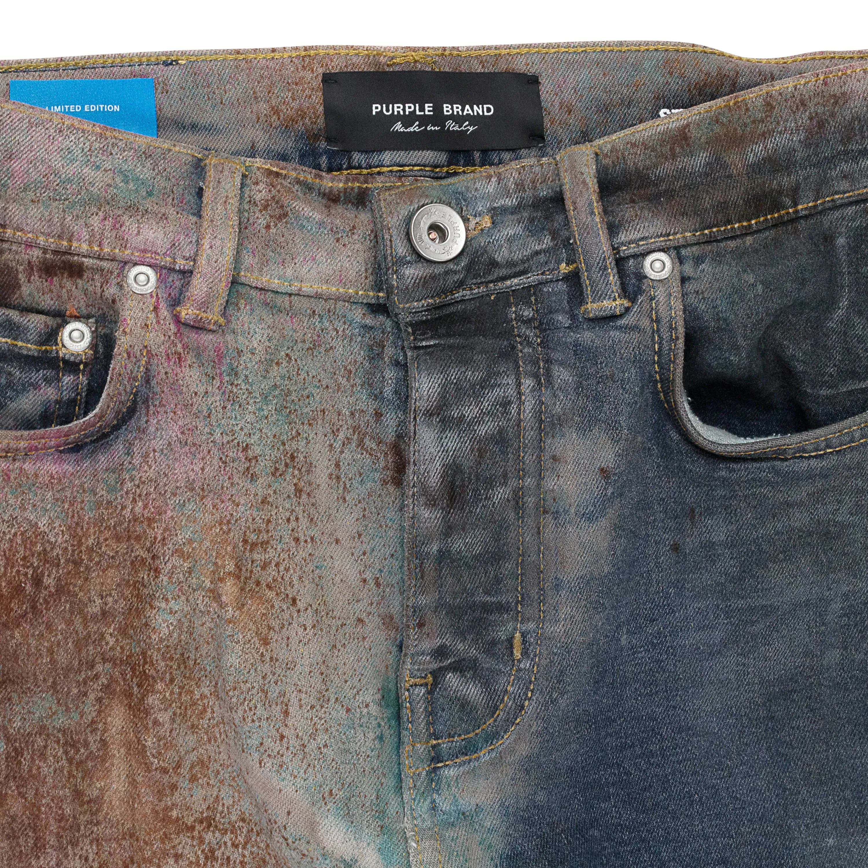 MULTICOLOR-SPRÜH-EFFEKT ÜBER GEBLEICHTE INDIGO SKINNY JEANS