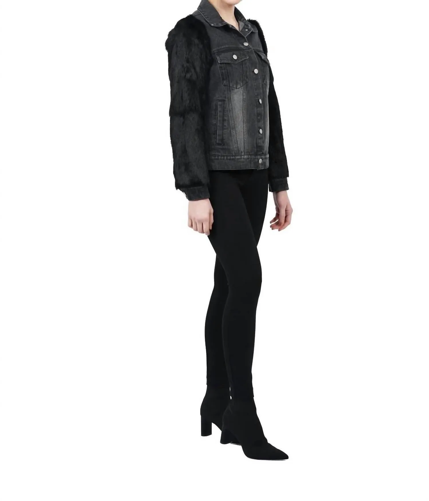 Murray Echter Echtkaninchenpelz-Ärmel Denim-Mantel In Schwarz Denim