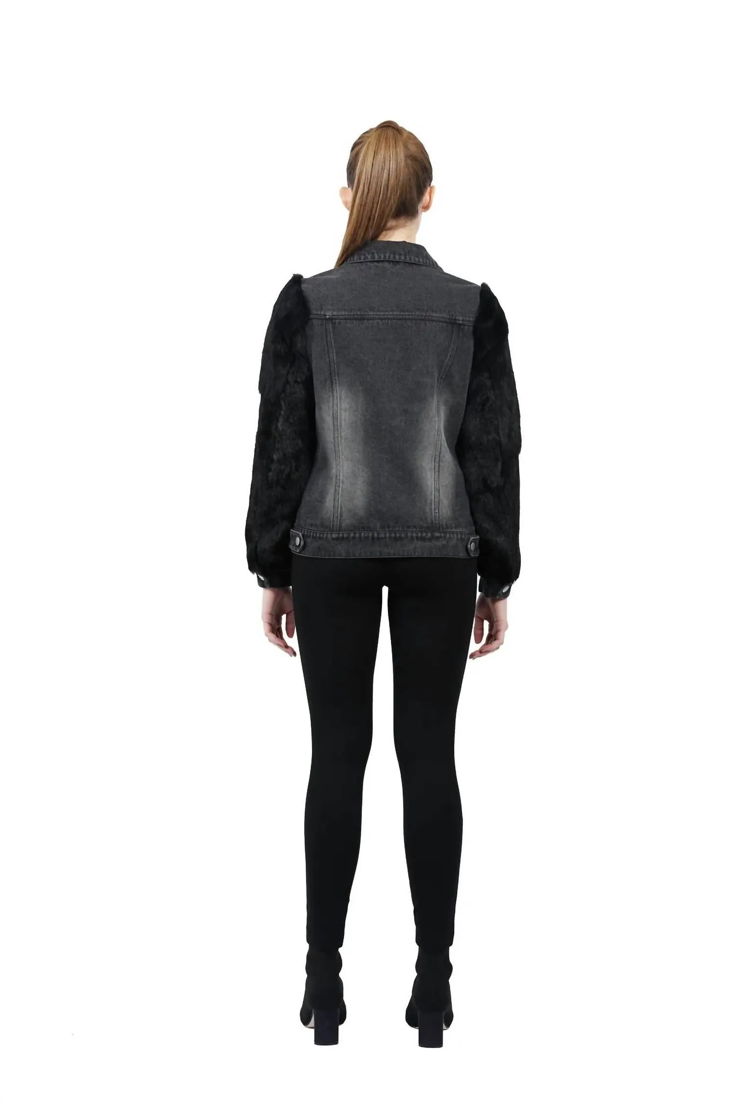 Murray Echter Echtkaninchenpelz-Ärmel Denim-Mantel In Schwarz Denim