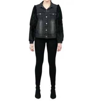 Murray Echter Echtkaninchenpelz-Ärmel Denim-Mantel In Schwarz Denim