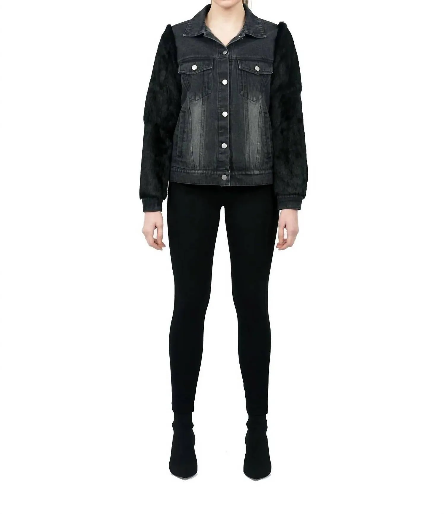 Murray Echter Echtkaninchenpelz-Ärmel Denim-Mantel In Schwarz Denim