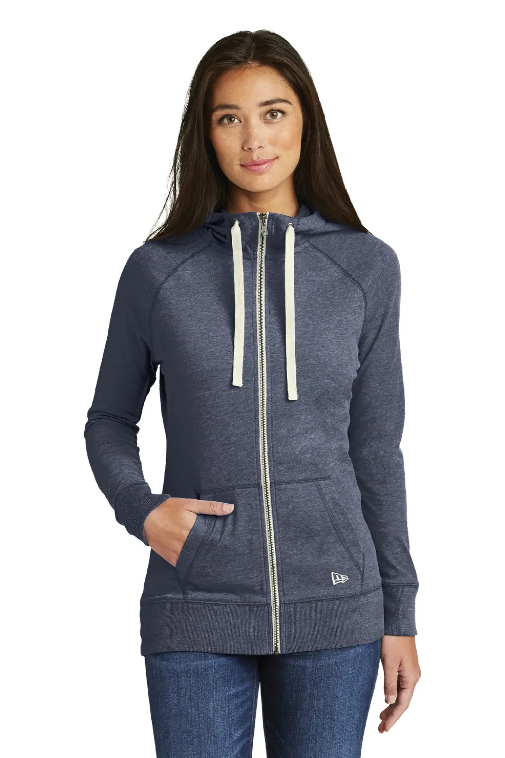 New Era Damen Sweatshirt mit Kapuze und Reißverschluss in meliertem Marineblau mit Taschen