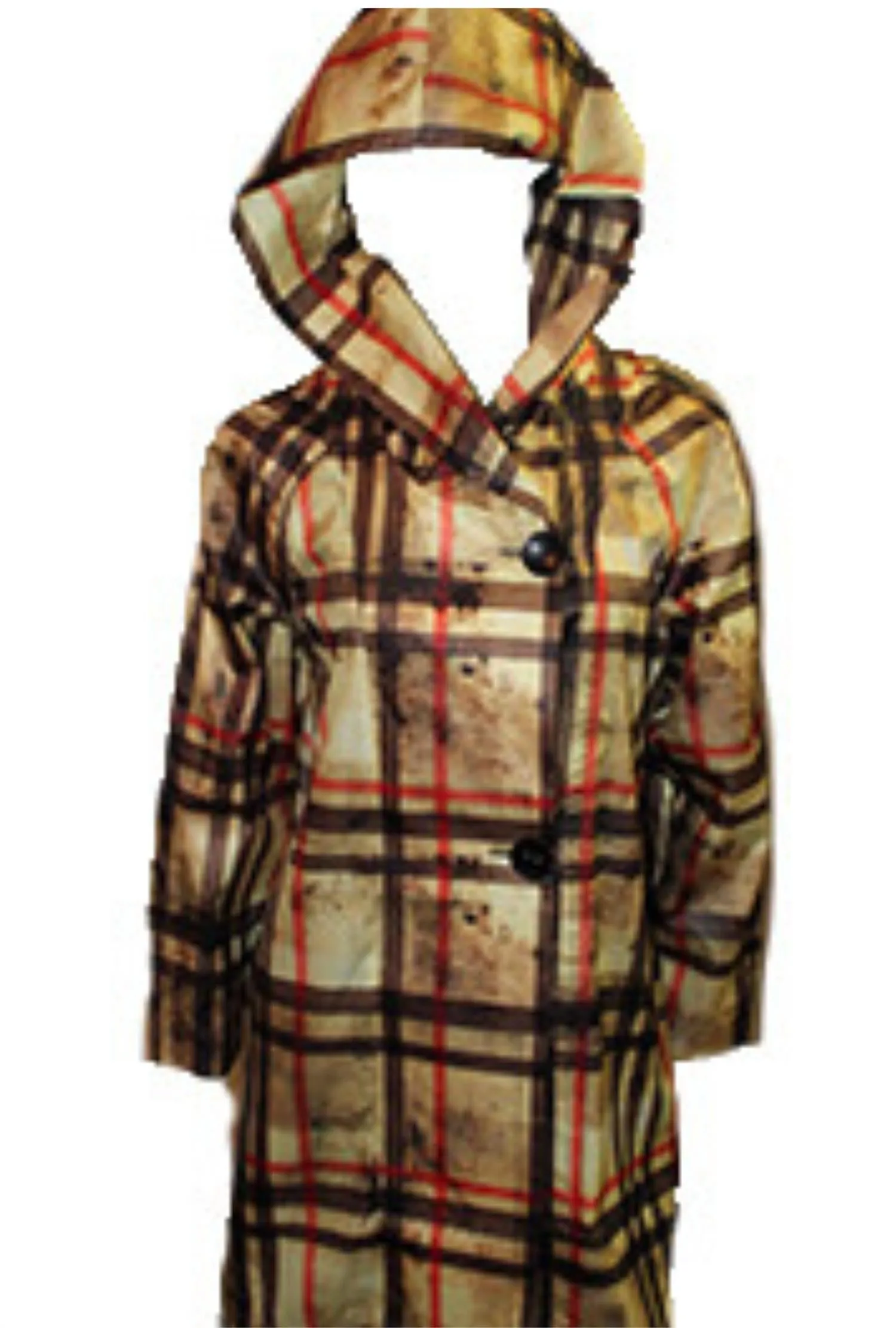 Karierte Regenjacke mit langem Kapuzenausschnitt und seitlichem Knopfverschluss in Gold-Multi