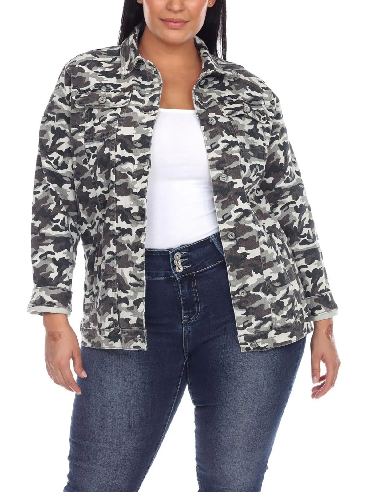 Plus Damen Tarnung Langarm Denim Jacke