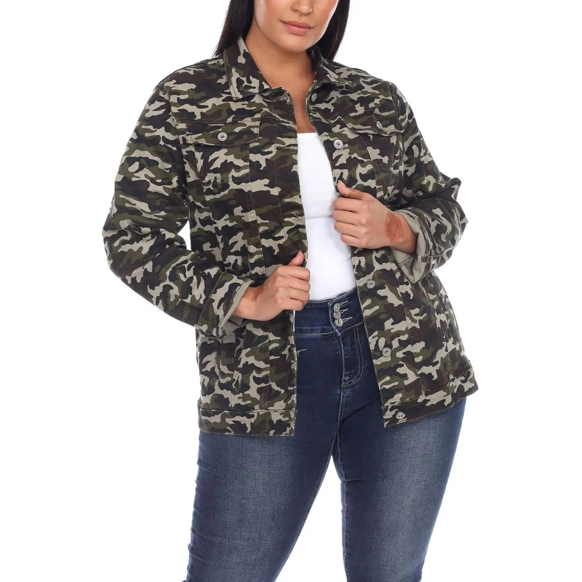 Plus Damen Tarnung Langarm Denim Jacke