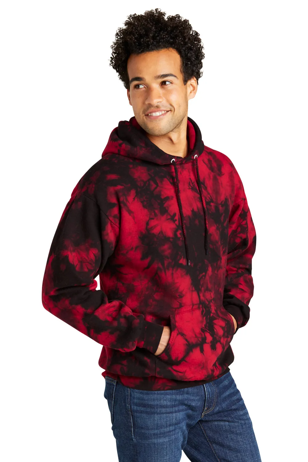 Port & Company Herren Kapuzenpullover mit Kristall-Tie-Dye und Kangaroo-Tasche - Schwarz/Rot
