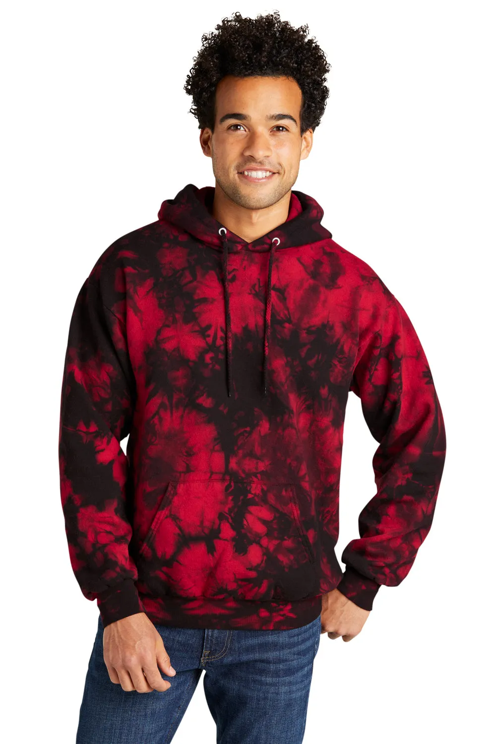 Port & Company Herren Kapuzenpullover mit Kristall-Tie-Dye und Kangaroo-Tasche - Schwarz/Rot