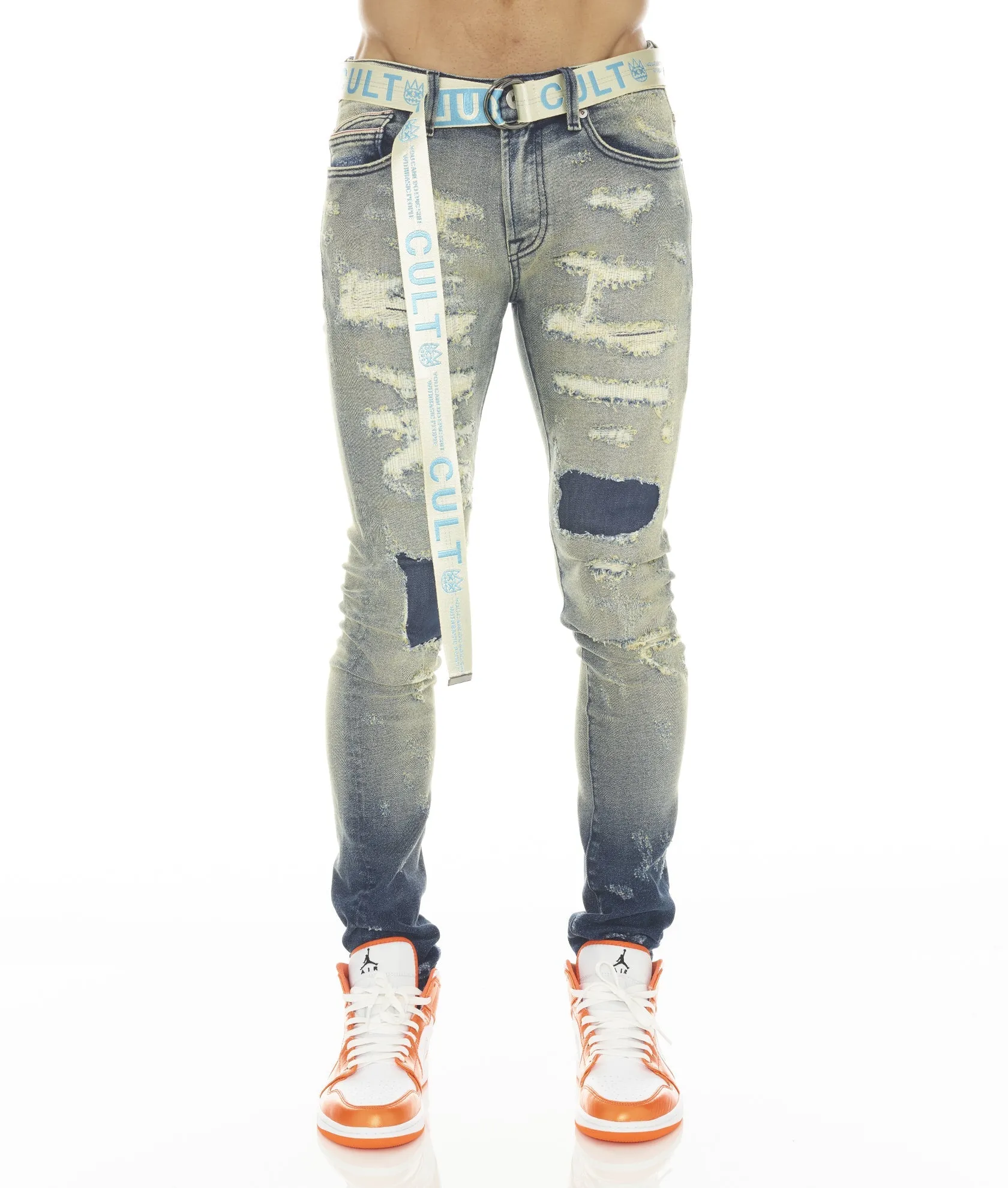 PUNK SUPER SKINNY STRETCH MIT RÜBENROTEM GÜRTEL IN INO