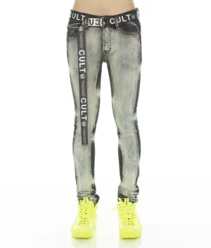 PUNK SUPER SKINNY STRETCH MIT WEISSEM GÜRTEL IN GLAZIERT