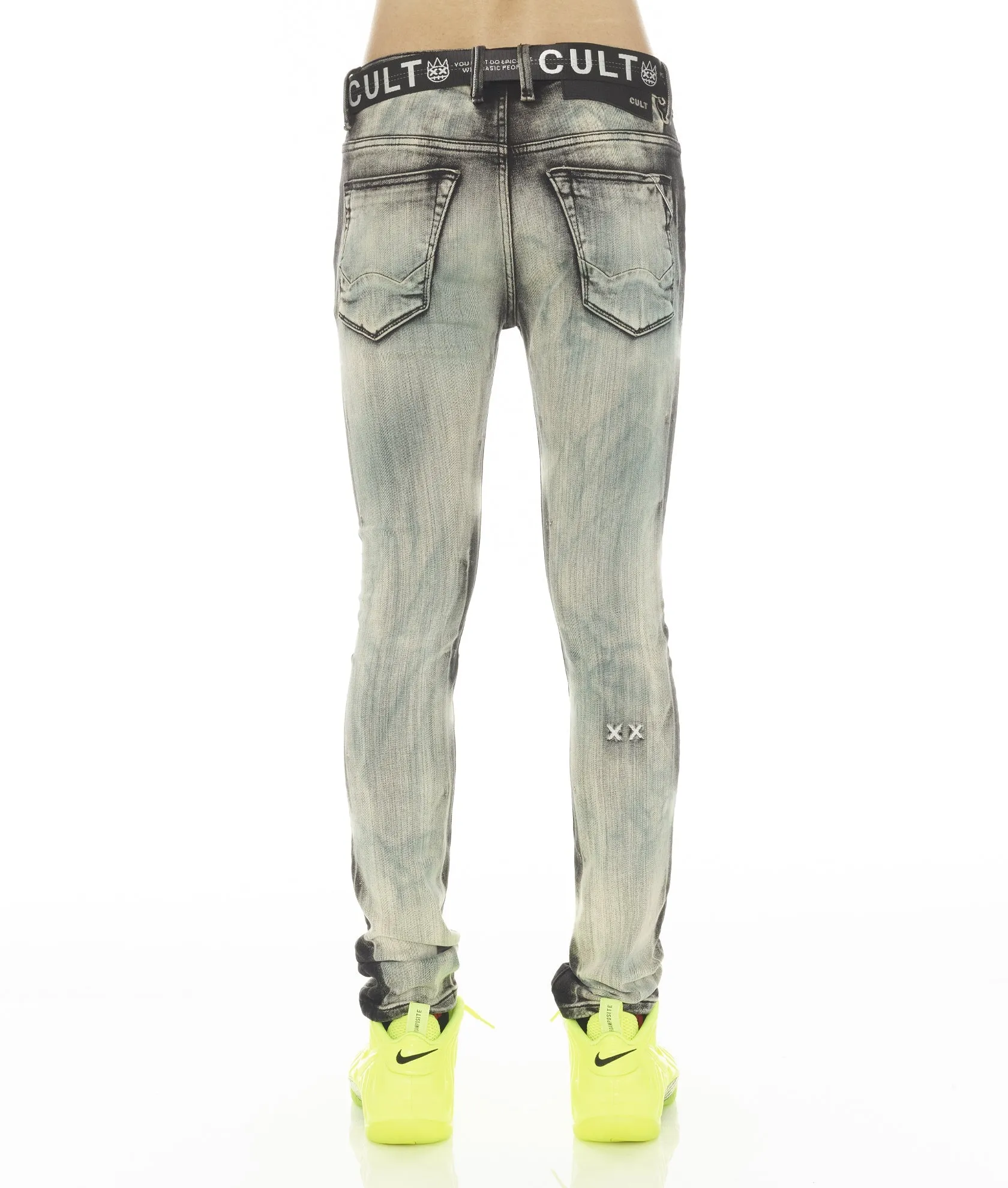 PUNK SUPER SKINNY STRETCH MIT WEISSEM GÜRTEL IN GLAZIERT
