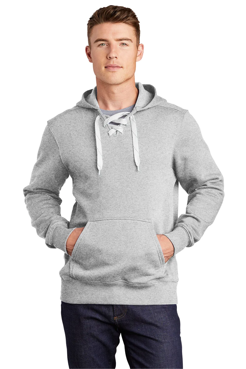 Sport-Tek Herren Kapuzenpullover mit Schnürung und Kangaroo-Tasche - Heather Grau
