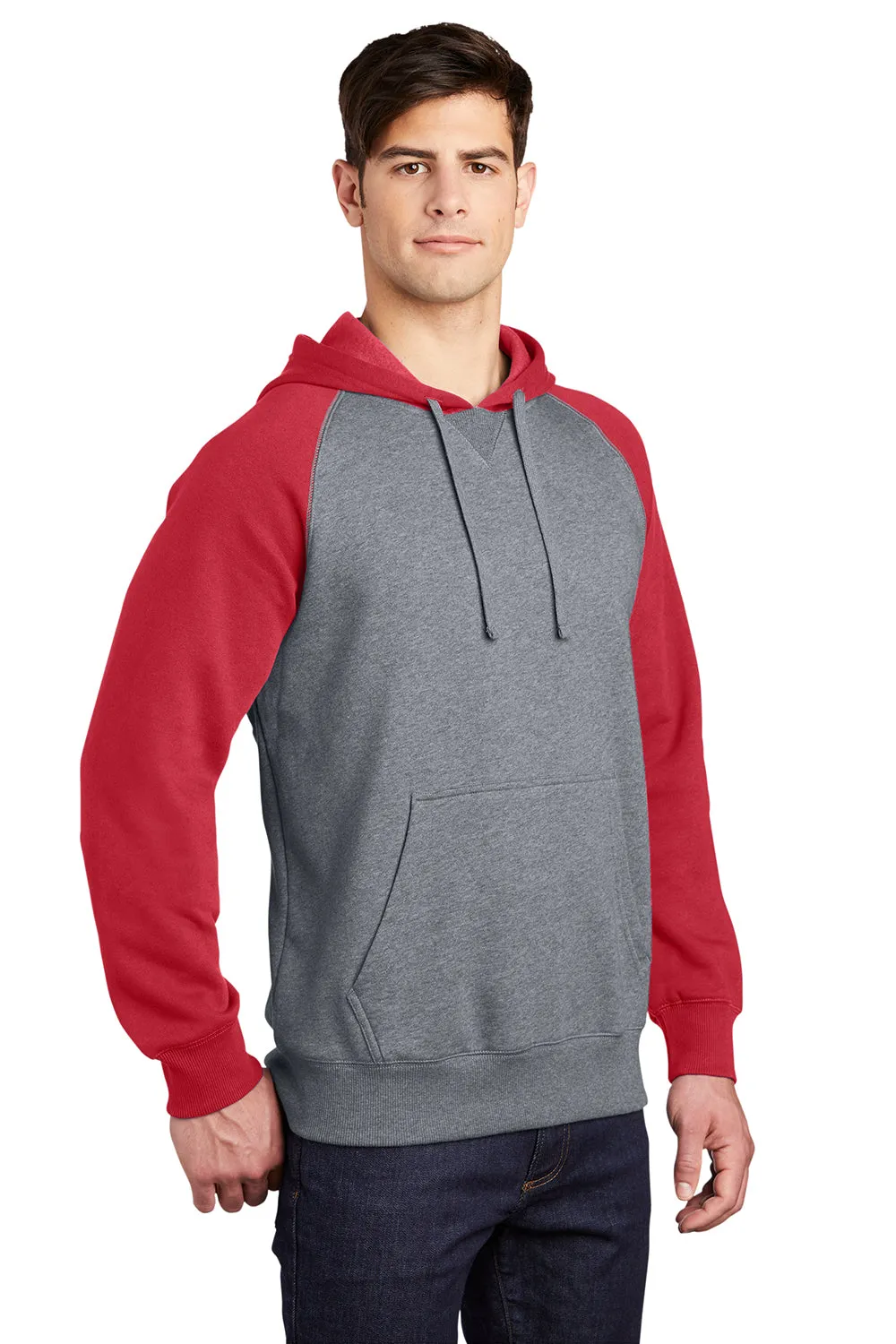 Sport-Tek Herren Fleece Kapuzenpullover mit Schrumpffestigkeit und Kangaroo-Tasche - Heather Vintage Grau/Echtes Rot