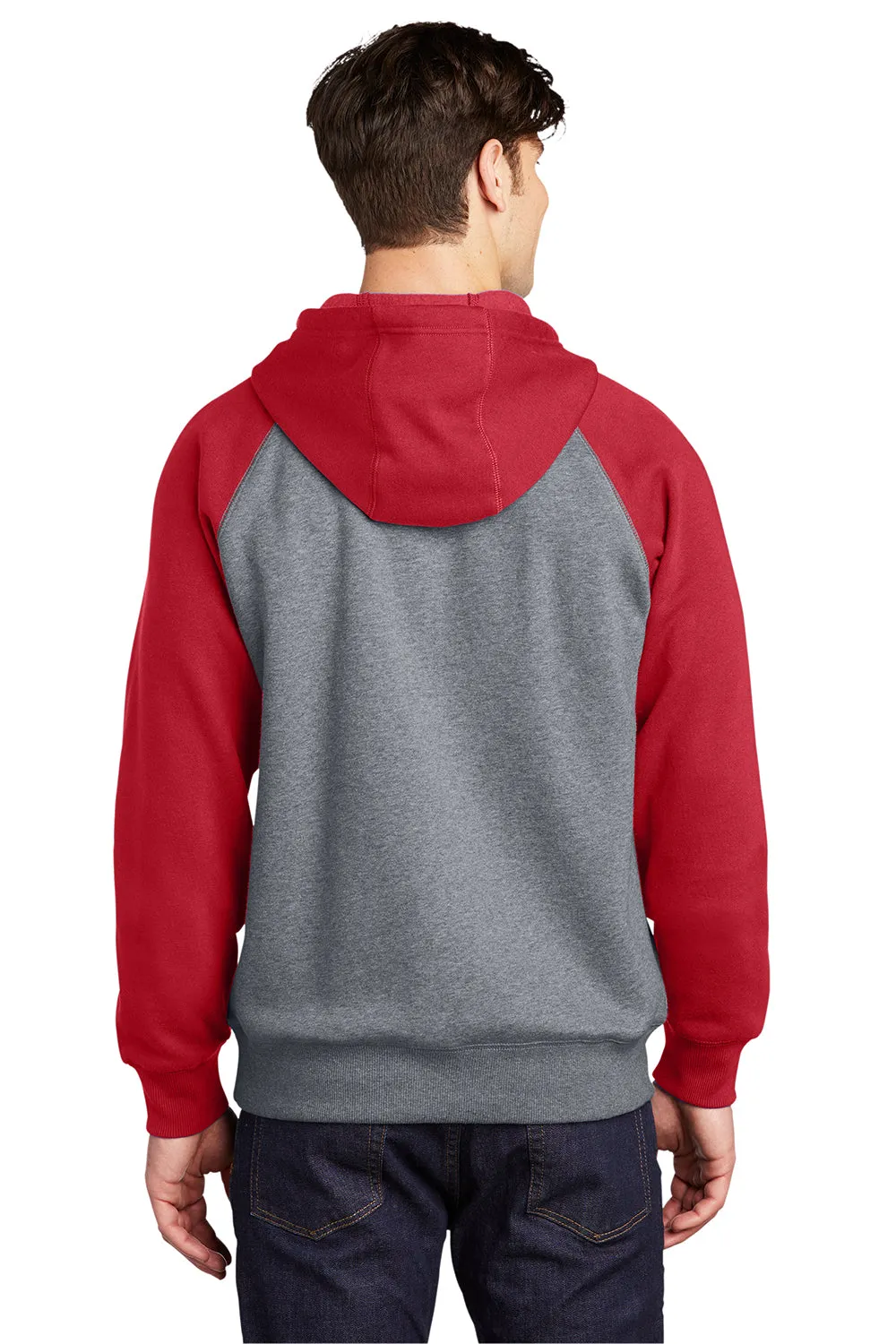 Sport-Tek Herren Fleece Kapuzenpullover mit Schrumpffestigkeit und Kangaroo-Tasche - Heather Vintage Grau/Echtes Rot