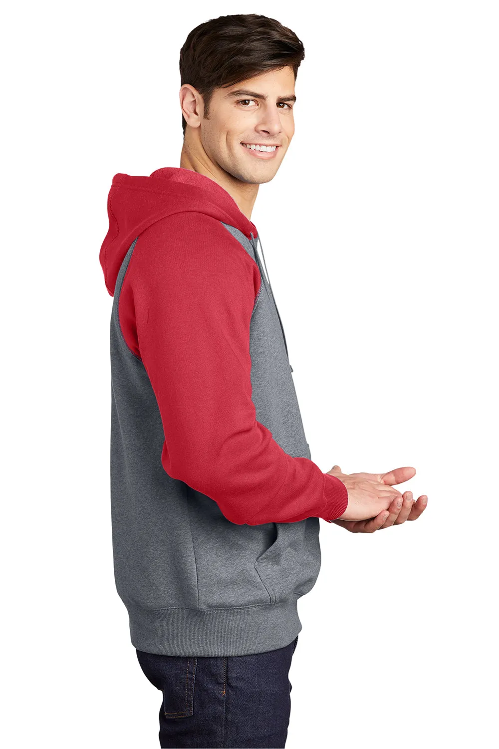 Sport-Tek Herren Fleece Kapuzenpullover mit Schrumpffestigkeit und Kangaroo-Tasche - Heather Vintage Grau/Echtes Rot