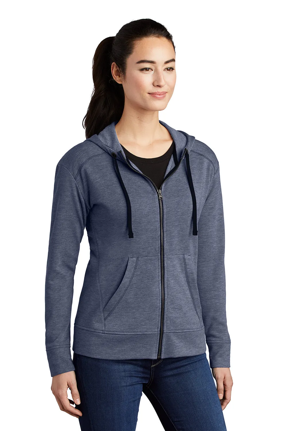 Sport-Tek Damen Feuchtigkeitstransportierende Fleece Kapuzenpullover mit Reißverschluss und Taschen - Heather Echt Marineblau