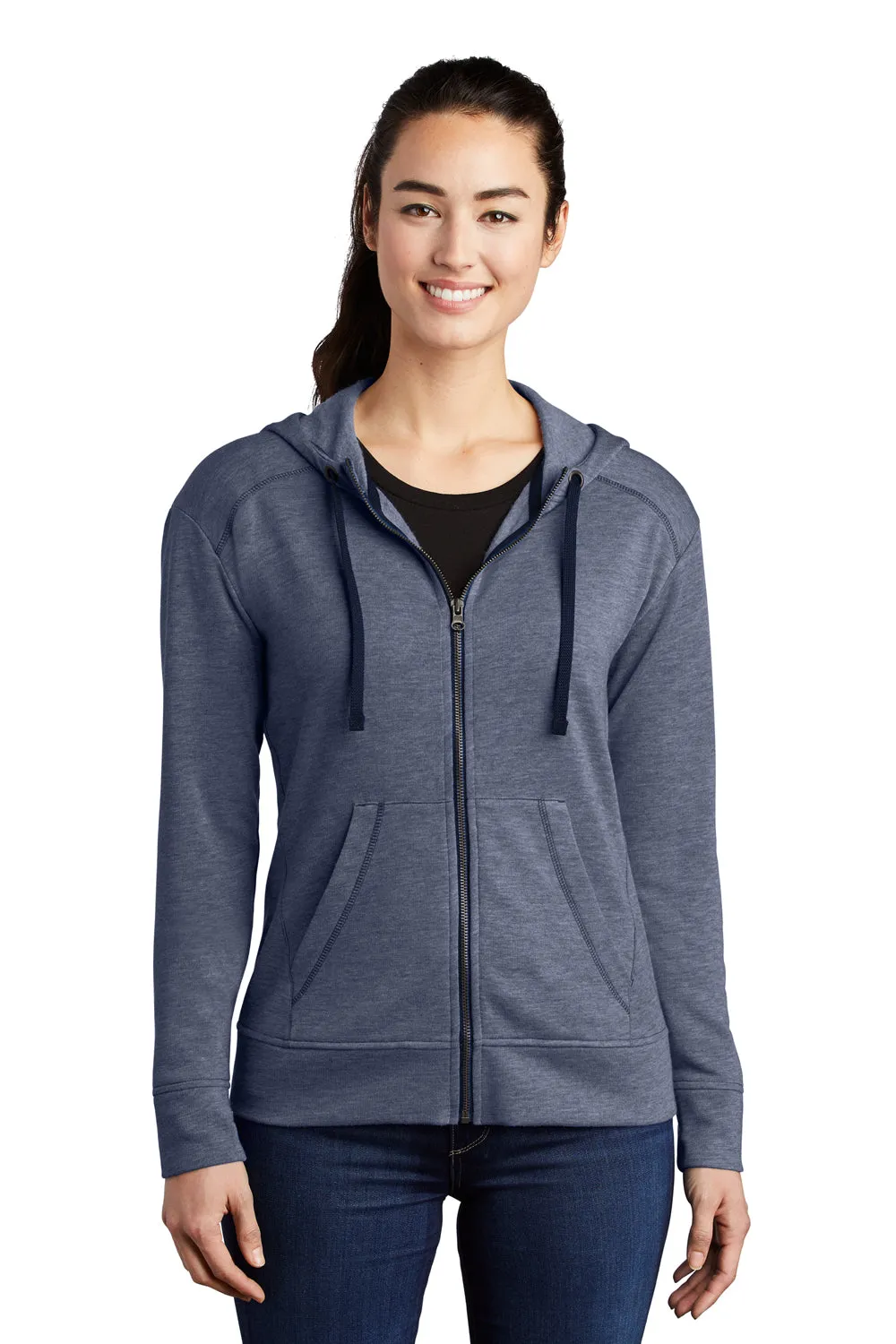 Sport-Tek Damen Feuchtigkeitstransportierende Fleece Kapuzenpullover mit Reißverschluss und Taschen - Heather Echt Marineblau